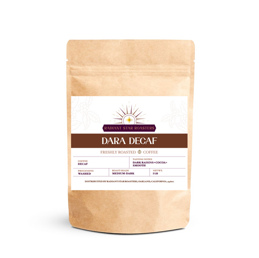 A package of Dara Decaf Coffee Blend with branding visible
