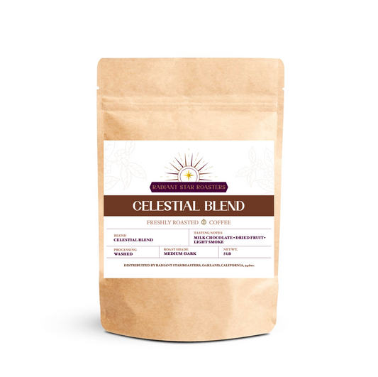 A package of Celestial Coffee Blend with branding visible